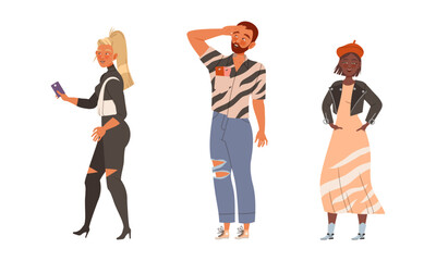 Obraz premium Young Man and Woman in Casual Wear Waiting or Standing in Queue or in Line for Nightclub Vector Set