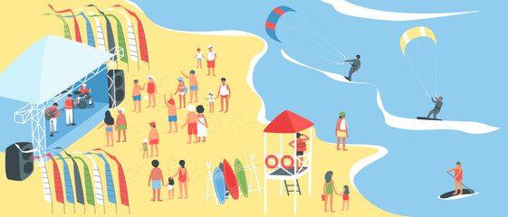 People who are kite surfers. A lifeguard on a tower near the sea watches the surfers floating on the water. People are resting on the seashore. Flat vector illustration