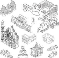 set of urban structures, buildings and transport vector illustration outline