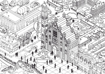 Outline drawing of modern european city, square vector illustration