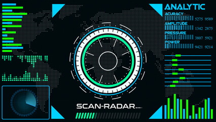 abstract colorful HUD radar animation on black background. Radar Screen Detected for Battle. Radar HUD With Object On Screen. Futuristic HUD Navigation monitor, Sonar Detect Battle Ship	