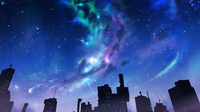 Night City Light Under The Starlight And Aurora Anime Wallpaper High Definition