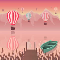 Beautiful landscape of mountains and colorful air balloons