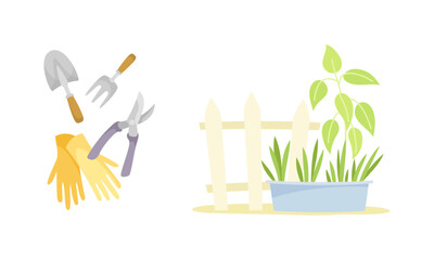Gardening with Gloves, Handy Tools, Seedling in Pot and Fence as Plant Cultivation and Agriculture Vector Set