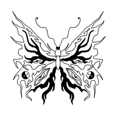 Hippie bohemian groovy funky butterfly in 1960s boho psychedelic style. Perfect for tattoo, T-shirt, music album cover, coloring page and more. Vector clipart illustration.