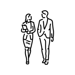 Businesswoman and businessman walking color line icon.  Pictogram for web page
