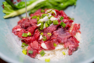 Noodle with slice of raw beef, famous cuisine in Kinmen of Taiwan