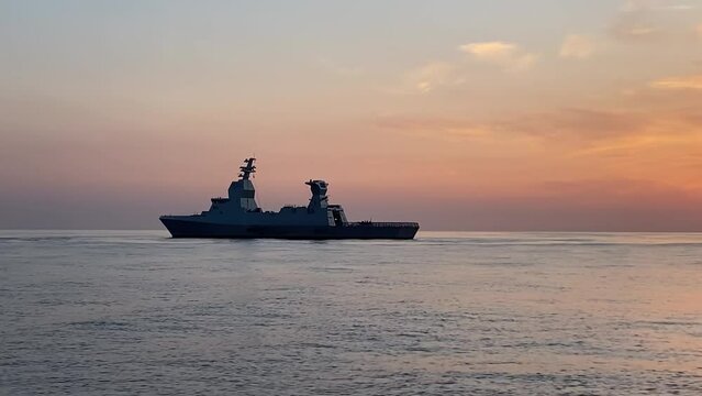 Navy warship sailing in Mediterranean secures gas rig
Israel Idf navy warship Sa'ar 6 patrol in Mediterranean, secures Tamar gas rig from Potential Lebanon Attack, 2022 

