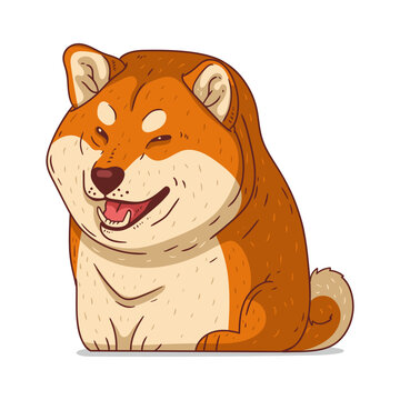 A Shiba Inu, isolated vector illustration. Cute cartoon picture for children of a kind smiling dog. Drawn dog sticker. Simple drawing of a genial Shiba Inu on white background. A pet. A puppy.