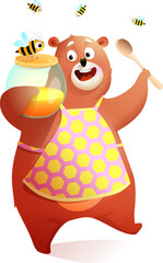 Cute teddy bear with jar of honey and bees. Happy bear holding honey and a spoon, cute animal character. Hilarious comic vector illustration for kids.