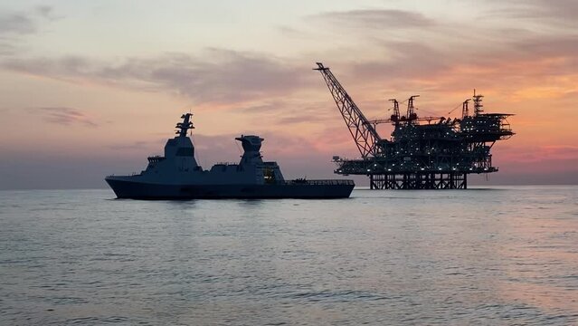 IDF Navy warship Patrolling close to gas rig, Mediterranean, Israel
Israel Idf navy warship Sa'ar 6 patrol in Mediterranean, secures Tamar gas rig from Potential Lebanon Attack, 2022 
