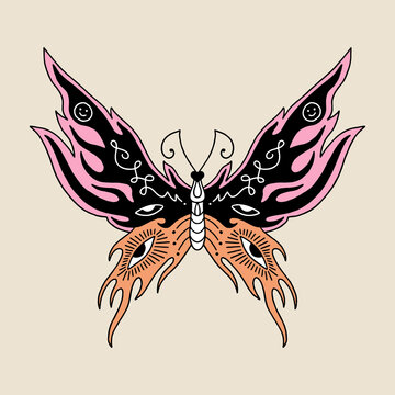 Hippie bohemian groovy funky butterfly in 1960s boho psychedelic style. Perfect for tattoo, T-shirt, music album cover, coloring page and more. Vector clipart illustration.