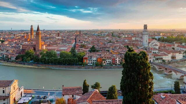 Panoramic Day to Night Time Lapse of Verona with Adige River, Verona, Veneto, Italy