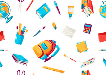 School seamless pattern with education items. Illustration of supplies and stationery background.