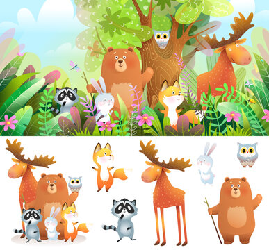 Forest Animals In The Woods, Cute Colorful Forest Nature Illustration For Kids. Bear Moose Raccoon Bunny Fox And Owl, Funny Adorable Clipart Animals Set. Isolated Vector Clipart.