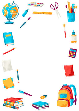 School frame with education items. Illustration of supplies and stationery.
