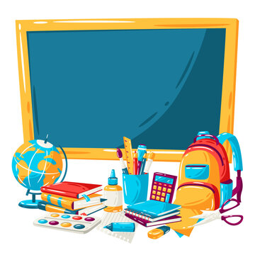 School background with education items. Illustration of supplies and stationery.