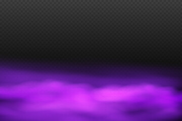 Realistic scary mystical violet fog in night Halloween. Purple poisonous gas, dust and smoke effect.
