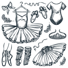 Ballet dance design elements. Vector hand drawn sketch illustration of ballerina dress, pointe shoes, bodysuit, headband - 520849327