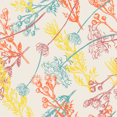 Wild plants abstract ornament. Hand drawn vector seamless pattern. Floral ornament in retro sketch style. Vintage botanical design for background, decor.