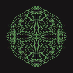 Magic mushroom mandala. Vector illustration. Cosmogony trippy psychedelic lucidity concept. Hippie party, rave trance music festival. Distressed groovy funky style. Esoteric art print clipart.