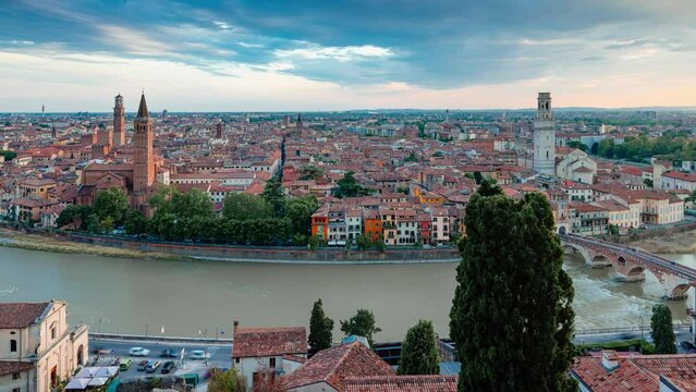 Panoramic Sunset Time Lapse of Verona with Adige River, Verona, Veneto, Italy
