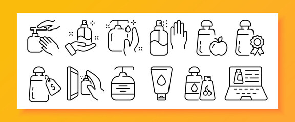Hand hygiene set icon. Antibacterial soap, antiseptic spray, drop, water, splash, apple, quality mark, price tag, dollar, cleanser, detergent. Personal care concept. Vector line icon for Business