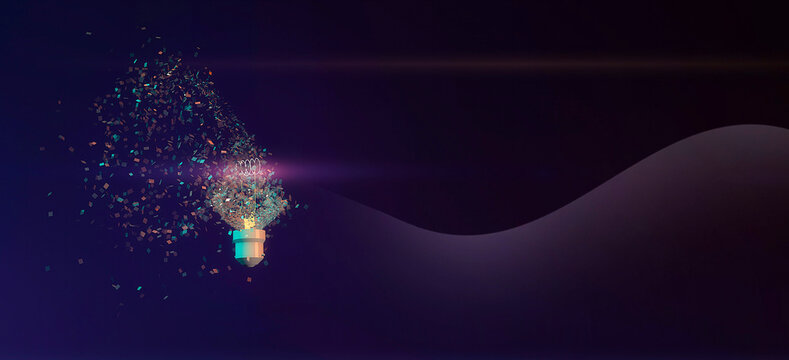 detail of the explosion of a filament light bulb on a dark background 3d rendering
