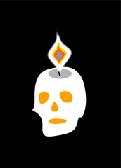 The candle is a white skull. Yellow eyes from the flames. Black background. Magic