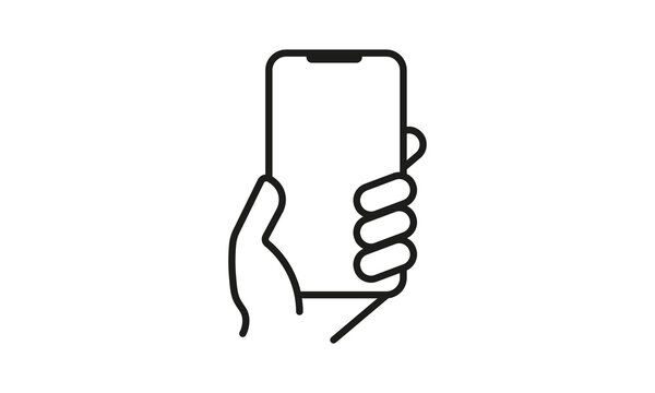 Hand holding phone line icon. Communication, call, send a message, smartphone, device, personal, user, internet connection. Technology concept. Vector line icon for Business and Advertising