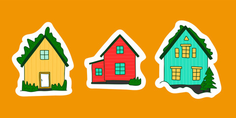 Islandic cute rustic houses stickers set. Bright red blue yellow nordic house with grass roof. Typical norway rural buildings. Northern facades made of sandwich panels.