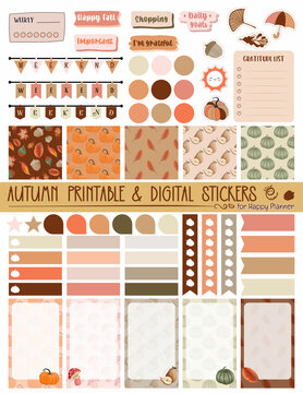 Autumn Stickers Set. Cute Planner Stickers. Organizer Tags, Color Patterns And Calendar Icons. Check, Planners And Weekly Days Label. Notebook Stamps Doodle, Memo Schedule Sticker Tag
