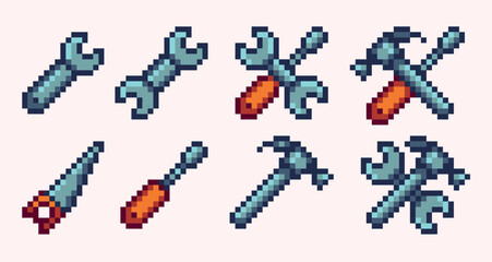 Mechanical tools pixel art set. Wrench, screwdriver, hammer, saw collection. 8 bit sprite. Game development, mobile app.  Isolated vector illustration.