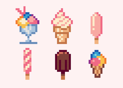 Ice cream pixel art set. Frozen candy collection. Gelato, sorbet, sundae. 8 bit sprite. Game development, mobile app.  Isolated vector illustration.