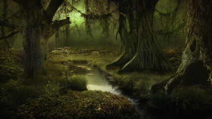 Mystischer Wald mit großen alten Bäumen mit undurchsichtigen Hintergrund - obrazy, fototapety, plakaty