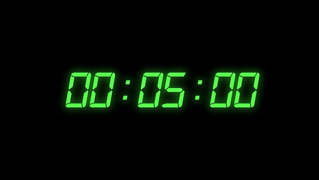 countdown 5 minutes with digital clock time | Green color clock timer for minutes 
