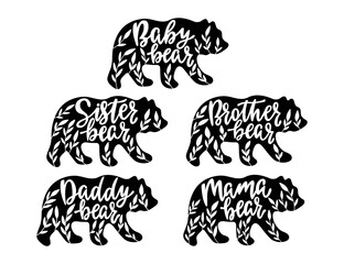 Bear family silhouettes with leaves. Kids poster for nursery. Mothers Day card.