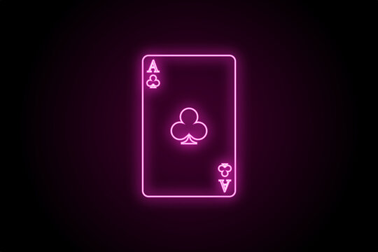 Glowing neon poker card ace of clubs on black background 