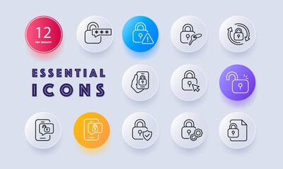 Locks for personal data protection set icon. Password, warning sign, key, synchronization, sync, phone, unlock, cursor, security system, gear, shield. Privacy concept. Neomorphism. Vector line icon