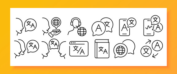 Translation service set icon. talk, foreign language, vocabulary, dictionary, online, app, website, operator, worldwide, planet, phone, voice input. Technology concept. Vector line icon for Business - obrazy, fototapety, plakaty