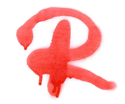 Letter R red spray stain isolated on white background, clipping path