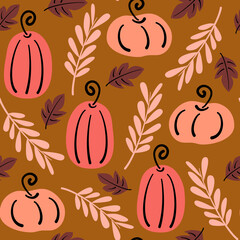 cute abstract fall seamless vector pattern background illustration with pumpkins and autumn leaves	