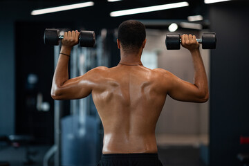 Back View Of Athletic Black Man With Naked Torso Exercising With Dumbbells - obrazy, fototapety, plakaty