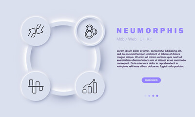 Statistics set icon. Infographics, statistical data, bar and pie chart, diagram, donut, arrows, growth, decline, analytics. Business concept. Neomorphism style. Vector line icon for Advertising