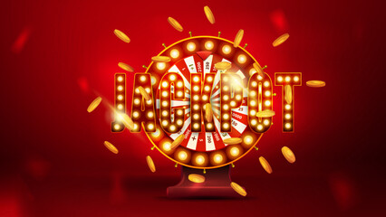 Shining red sign Jackpot with Casino Wheel Fortune falling gold coins on a bright red background.