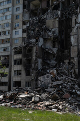 War in Ukraine 2022. Destroyed, bombed and burned residential building after Russian missiles in Kharkiv Ukraine. Famous building on Natalia Uzhviy street. Russian attack. 