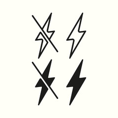 Electricity lightnings set icon. Crossed out, charge device, discharged, battery state, accumulator, portable, full, electric, wiring, high voltage. Technology concept. Vector line icon for Business