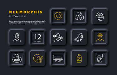 Summer set icon. Climate control, cocktail, sweat, heat, cold, snowflake, watermelon, hat, pool, temperature, air conditioner, water. Entertainment concept. Neomorphism. Vector line icon for Business