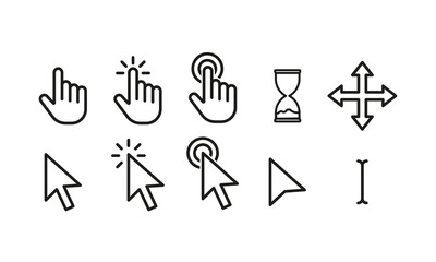 Different types of cursors set icon. Hand, press, button, hourglass, loading, arrow, zoom in, text selection, moving, waiting, busy, working. Technology concept. Vector line icon for Advertising