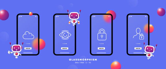 Storage of personal information set icon. Cloud storage, remote, eye, lock, man, protection, security system, private, custody. Privacy concept. Glassmorphism. UI phone app screens. Vector line icon